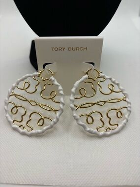 Tory Burch White and Gold Swirl Hoop Earrings